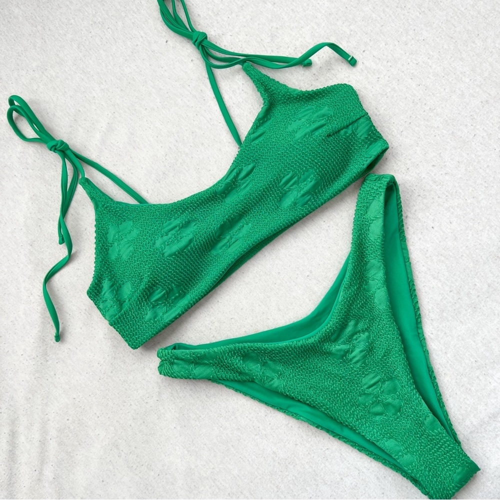 NEW full bikini set green floral swimwear with adjustable straps